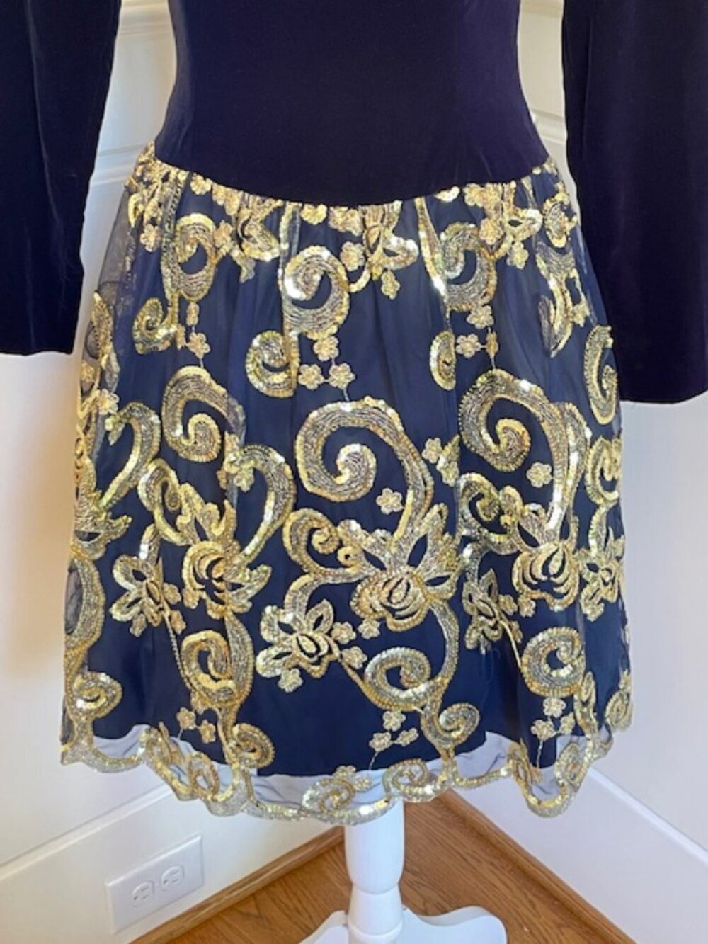 Vintage Jessica McClintock Balletcore Navy Velvet Gold Holiday Dress XS 90s - Picture 5 of 9
